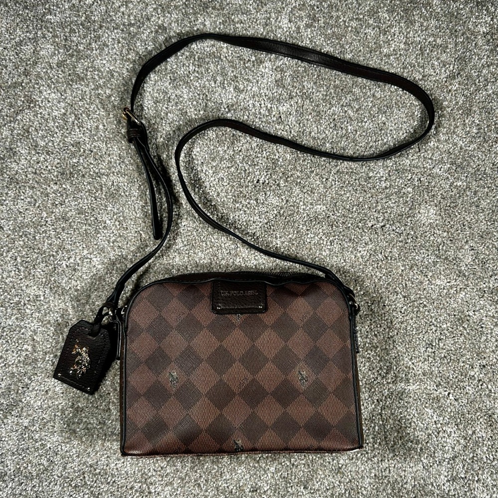 US Polo Assn Brown Checkered Crossbody Camera Bag Handbag Red Lining
